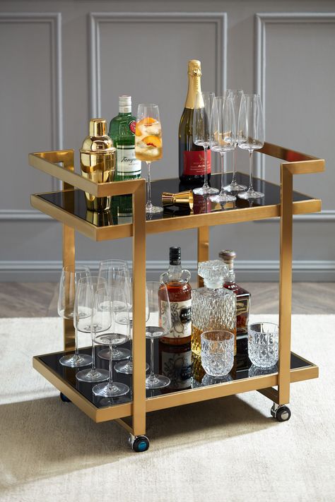 Bar Trolley Styling, Style A Bar Cart, Bar Cart Essentials, Wine Tray, Bar Cart Accessories, Bar Trolley, Glass Bar Cart, Drink Cart, Coastal House