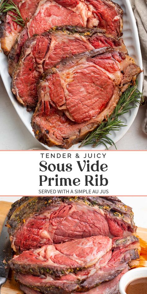 For the most beautiful, tender, succulent prime rib, a sous vide prime rib is the way to go. Slow cooked in a temperature-controlled water bath and seasoned with a garlic-herb compound butter, this show-stopping entrée will be gorgeous on your holiday table. Served with a simple, gluten-free au jus made with just 4 ingredients. Sous Vide Bone In Prime Rib Roast, Prime Rib Sauce Au Jus, Au Jus Recipe Prime Rib Horseradish Sauce, Sous Vide Whole Turkey, Gravy For Prime Rib, Prime Rib Horseradish Sauce, Sous Vide Meal Prep, Prime Rib Rub Recipe, Christmas Prime Rib