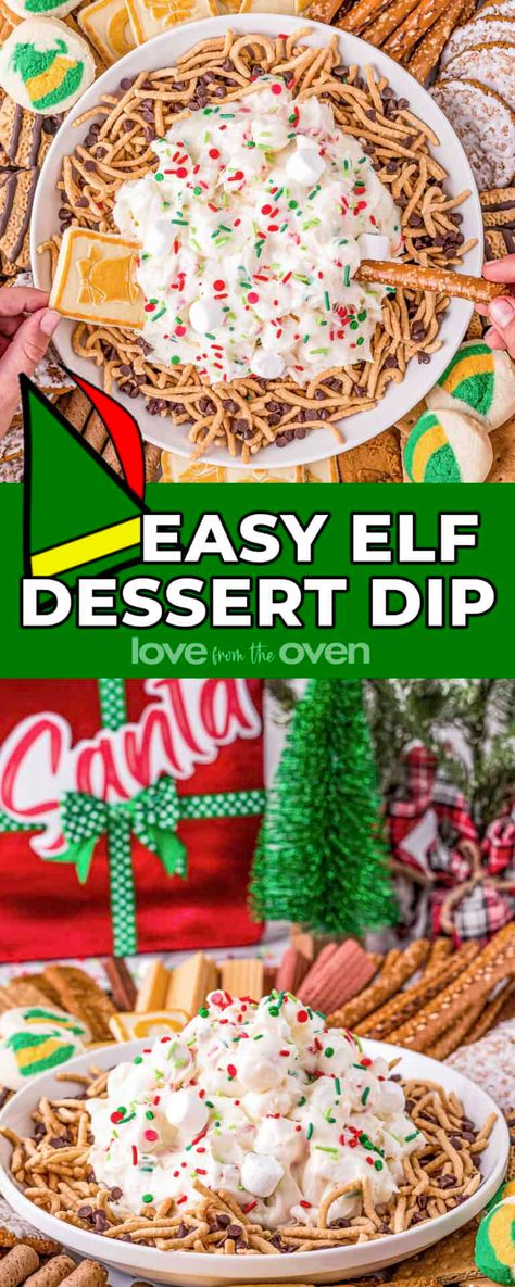 Elf Dessert Dip • Love From The Oven Elf Snacks Parties Food, Elf Themed Appetizers, Elf Food Ideas Holiday Parties, Elf Movie Desserts, Elf Inspired Food, Buddy The Elf Food Ideas, Buddy The Elf Party Food, Elf Movie Night Food, Elf Desserts