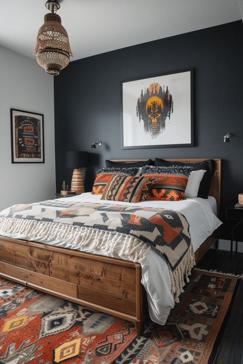 Bedroom For Men Ideas, Southwestern Boho Bedroom, Modern Southwestern Bedroom, Bedroom For Men, Palace Decor, Amazing Bedrooms, Townhouse Decor, Southwestern Bedroom, Afro Bohemian