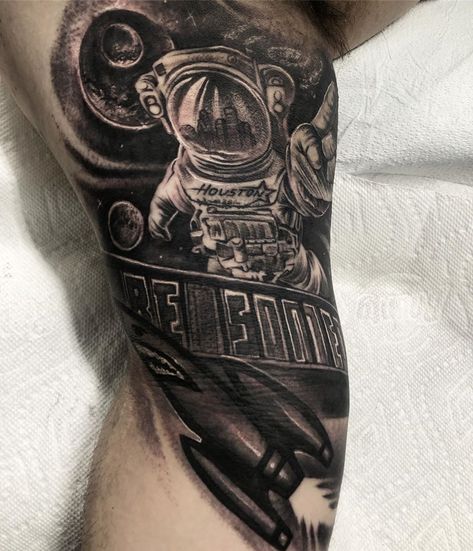 Houston Astronaut Tattoo, Be Someone Houston Tattoo, Houston Tattoos Sleeve, Sacred Art Tattoo, Houston Tattoos, Brian Dawkins, Astronaut Tattoo, Houston Skyline, Half Sleeve Tattoos For Guys