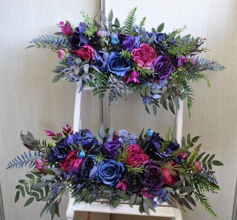 Jewel Tone Ceremony Arch, Red Blue Purple Flower Arrangements, Autumn Jewel Tone Wedding, Jewel Tone Wedding Theme Table Settings, Jewel Tone Wedding Centerpieces, Pink Blue Purple Flowers, Jewel Tone Wedding Decor, Copper Wedding Theme, Jewel Tone Wedding Theme