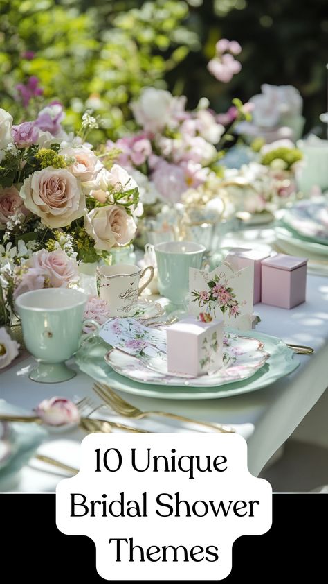 A table set for an elegant garden-themed bridal shower with floral decorations, pastel-colored tableware, and personalized party favors. Bridal Shower Shabby Chic, Mr And Mrs Shower Ideas, Boho Bridal Shower Theme Ideas, Bridal Shower Lunch Decor, Winter Tea Party Bridal Shower Ideas, July Bridal Shower Themes, Let Love Grow Bridal Shower Theme Decor, Bridal Shower Themes November, Tulip Bridal Shower Ideas