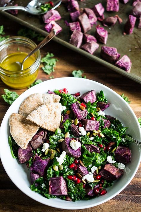 Purple Sweet Potato Salad, Cinnamon Pita Chips, Purple Potato Recipes, Cider Dressing, Blue Zones Recipes, Winter Salads, Warm Purple, Sweet Potato Salad, Purple Sweet Potato