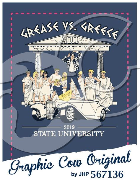 Grease vs Greece hot rod t-birds toga parthenon mixer #grafcow Sorority Function Themes, Greek Life Mixer Themes, Mixer Ideas Sorority Party Themes, Sorority Frat Mixer Themes, Mixer Themes Sorority, Dphie Go Greek, Social Themes Greek, Date Party Ideas Sorority Social Themes, Sorority Social Themes Mixer