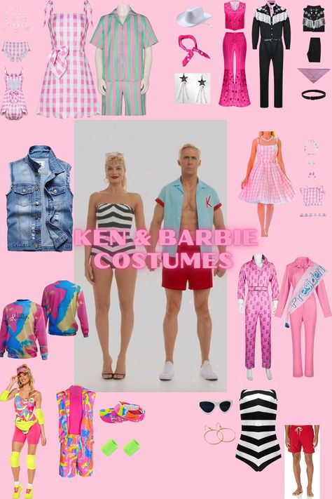 Barbie and Ken Costumes. Halloween Costumes for adults. Barbie And Ken Outfits Movie, Barbie And Ken Dress Up, Ken Barbie Outfit Ideas For Men, Ken Themed Outfits, Barbie Themed Outfits For Men, Barbie And Ken Spirit Day, Diy Barbie And Ken Costume, Barbie Vs Oppenheimer Spirit Day, Halloween Costumes Barbie And Ken