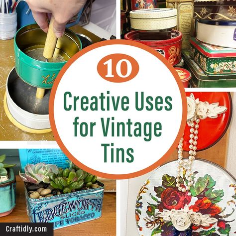 Get clever ideas to upcycle vintage tins into something new and useful! Gather up your tins and check out these unique and easy DIYs. Butter Cookies Tin, Diy Pouf, Tin Planters, Vintage Tea Tins, Upcycle Vintage, Spice Tins, Small Tins, Vintage Trays, Cookie Tins