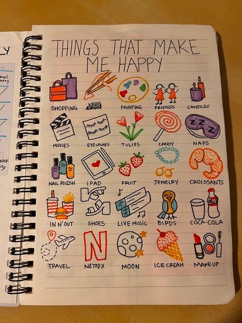 Things that make me happy - shppping, KBBQ, painting, friends, candles, movies, eyelashes, tulips, candy, naps, nail polish, iPad, fruit, jewelry, croissants, innout, shoes, live music, birds, Coca-cola, travel, Netflix, moon, ice cream, makeup Germany People, خريطة ذهنية, Journal Inspiration Writing, Bullet Journal Ideas Templates, Creating A Bullet Journal, Bullet Journal Mood Tracker Ideas, Buku Harry Potter, Bullet Journal Paper, Bulletin Journal Ideas