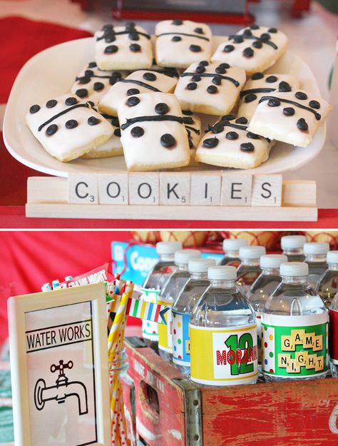 Game Night Party Ideas: scrabble tiles as food labels, uno welcome sign, domino & playing card cookies and nintendo wii mote chocolate bars. Board Games Party, Healthy Breakfast Bowl, Board Game Party, Game Night Parties, Games Party, Gambling Cake, Night Food, Party Deco, Gambling Party