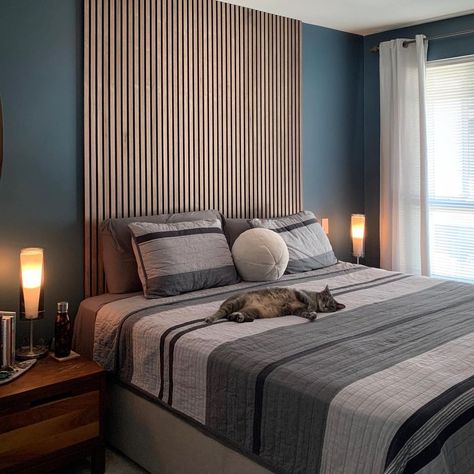 The Wood Veneer Hub on Instagram: “When using the Acupanel for a headboard there are a couple of options. Either install them horizontally part way up the wall or you can use…” Wood Panel Bedroom, Upholstered Wall Panels, Design Hall, Bed Headboards, Feature Wall Bedroom, Upholstered Walls, Apartment Stuff, Wall Panels Bedroom, Bedroom Wall Designs