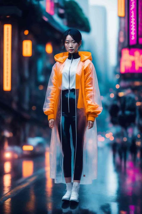 Lexica Transparent Raincoat, Raincoat Outfit, Rainwear Fashion, A Rainy Day, Blade Runner, Rain Wear, Rainy Day, Cyberpunk, Photo Shoot