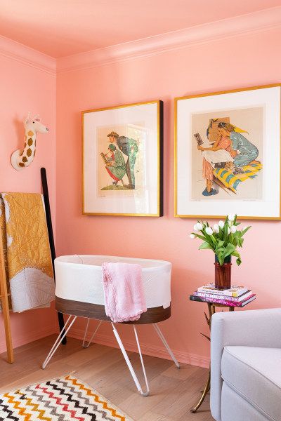 Designer Allison Crawford’s Small Nursery Makes a Case for Peachy Pink Paint | The paint color is Pop by Clare - the perfect peachy pink hue! Pink Painted Walls, Wall Trends, Pink Paint Colors, Paint Trends, Small Nurseries, Bold Wallpaper, Pink Paint, Pink Nursery, Baby's Room