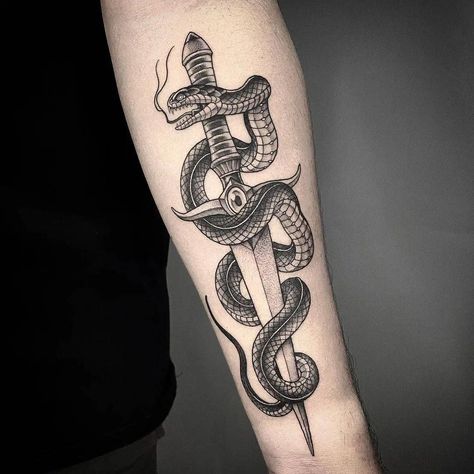 Snake And Dagger Tattoo, Snake Tattoo Ideas, Snake Tattoo Meaning, Around Arm Tattoo, Wrap Around Tattoo, Butterfly Tattoo Meaning, Inner Forearm Tattoo, Knife Tattoo, Back Of Neck Tattoo