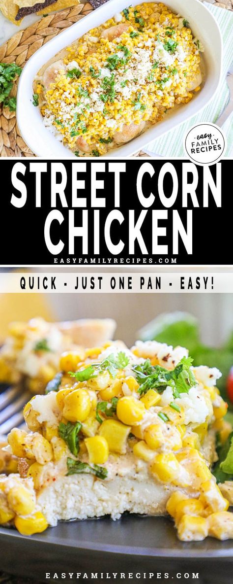 BEST Chicken Dinner EVER! This recipe is SO easy and SO delicious! Mexican Street Corn is smothered over tender chicken breast and baked to perfection. The best easy chicken dinner we have had in a long time! Mexican Street Corn Chicken, Street Corn Chicken, Mexican Side Dishes, Easy Family Recipes, Corn Chicken, Chicken Easy, Easy Chicken Dinner Recipes, Mexican Street Corn, Street Corn