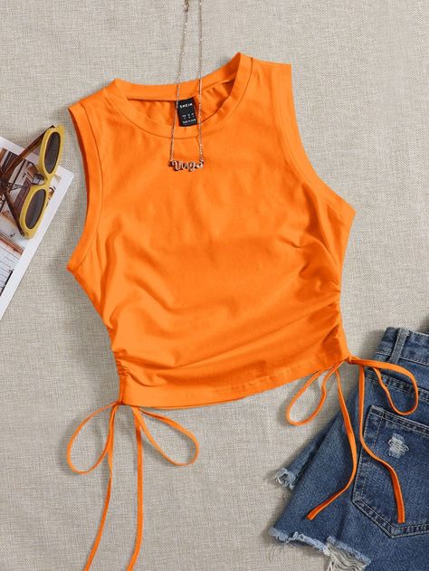 SHEIN Drawstring Ruched Side Crop Tank Top | SHEIN USA Adrette Outfits, Orange Crop Top, Summer Outfits For Teens, Cute Preppy Outfits, Crop Top Outfits, Cute Crop Tops, Cropped Tops, Crop Tank Top, Cute Simple Outfits