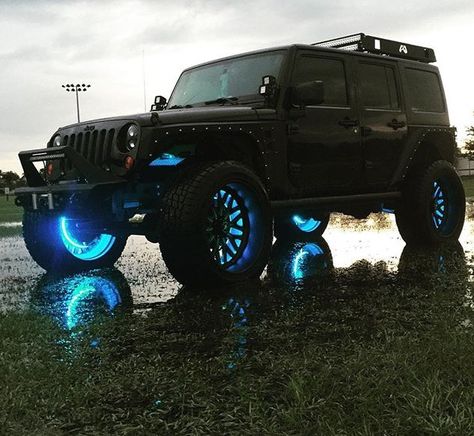 BLACKED OUT WITH BLUE LIGHTS JEEP JK Jeep Decorations, Auto Jeep, Blue Jeep, Jeep Mods, Jeep Ideas, Jeep Wrangler Accessories, Motorcycle Clothing, Black Jeep, Wrangler Accessories