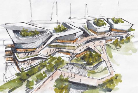 ArtStation - Sketch of Chengdu mixed use development building / 10 DESIGN, Anastassiya Khitrik Architect Sketch, Conceptual Model Architecture, Train Station Architecture, Abstract Pencil Drawings, Landscape Architecture Drawing, Building Sketch, Hotel Concept, Mixed Use Development, Mall Design