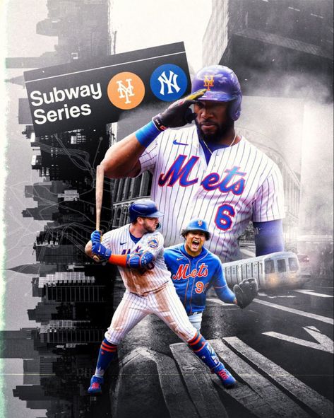 Ny Mets Baseball, Ny Subway, Subway Series, City Rain, Mets Baseball, Ny Mets, Sports Graphic Design, Pro Sports, Signed Photo