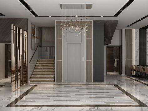 KSA | RECEPTION AND DINNING on Behance Lift Wall Cladding Design, Lift Lobby Design, Coffee Paris, Stair Layout, Wall Cladding Designs, Lift Lobby, Living Room Decor Lights, Stairs Design Interior, Lobby Interior Design