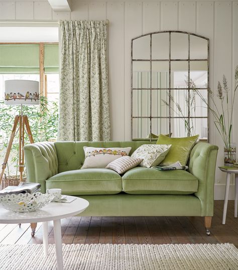 At Home: Traditional Touches of Timeless Country | Laura Ashley Laura Ashley Living Room, Salons Cottage, Designer Bedding, Green Couch, English Country Decor, Casa Country, Cosy Room, Green Furniture, Cottage Living Rooms