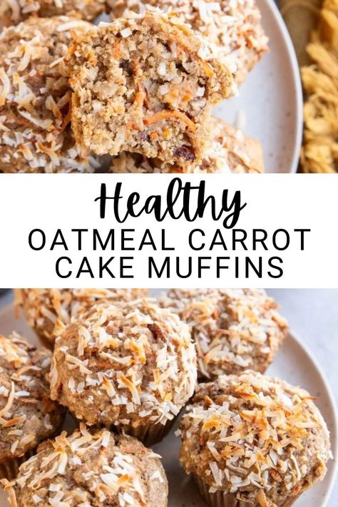 Packed with classic carrot cake flavors, these Oatmeal Carrot Cake Muffins are made with whole grain oats instead of flour. Lower in sugar and fat than standard carrot cake, these delicious muffins are the perfect treat that carrot cake lovers can enjoy on a regular basis! Carrot Cake Oat Muffins, Oat Carrot Muffins, Oatmeal Carrot Cake Muffins, Oatmeal Apple Carrot Cake No Flour, Post Partum Muffins, Postpartum Muffins, Carrot Protein Muffins, Oatmeal Carrot Muffins, Carrot Muffins Healthy