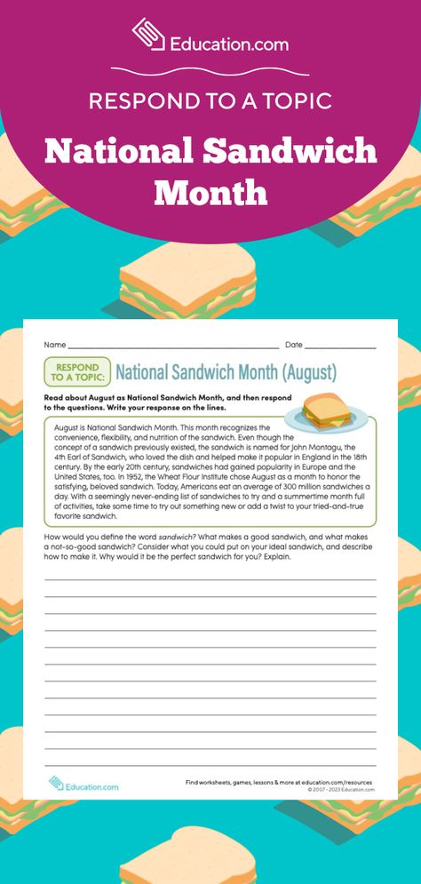 Whether it's a ham sandwich, a BLT, a double-decker, or a Philly cheese steak, National Sandwich Month celebrates them all! You can flex your writing muscles while describing your favorite sandwich. 🥪 This worksheet is ideal for middle school. Month Worksheet, Read Background, Sixth Grade Reading, Reflective Questions, Reflective Writing, Writing Exercise, Ham Sandwich, Multiplication Activities, Philly Cheese