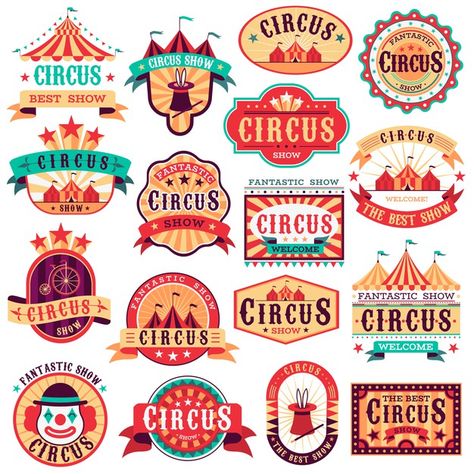 Set of vintage circus emblems | Premium Vector #Freepik #vector #vintage #tag #flag #retro Carnival Logo Design, Circus Vbs, Carnival Illustration, Circus Stickers, Carnival Poster, Carnival Show, Circus Tickets, Circus Illustration, Retro Paper