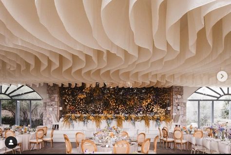 White Ceiling Decor Wedding, Modern Wedding Ceiling Decor, Wedding Ceiling Installation, Wedding Reception Ceiling Decorations, Ceiling Installation Wedding, White Flower Ceiling Wedding, Modern Wedding Ceiling Installation, Wedding Reception Flowers Hanging From Ceiling, Reception Ceiling