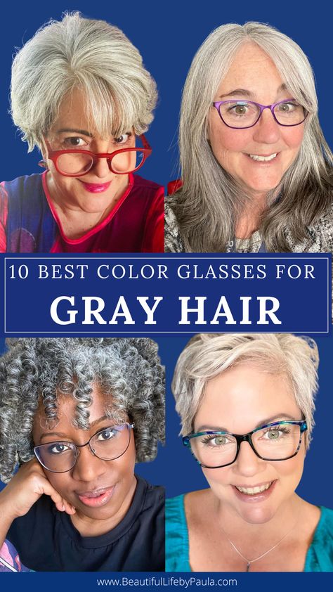 Check out the 10 best color glasses frames for gray hair so you look fabulous! You'll never wonder what color glasses look good with gray hair again! | glasses for gray haired women | grey hair and glasses Glasses For Short Grey Hair, Hairstyles For Gray Hair Over 50 New Looks, Eyeglasses For Women With Gray Hair, Eyeglasses For White Hair Women, Glasses Frames Grey Hair, Gray Hair And Glasses Over 50, Glasses For Women With Gray Hair, Glasses Frames For Women With Gray Hair, Glasses For White Haired Women