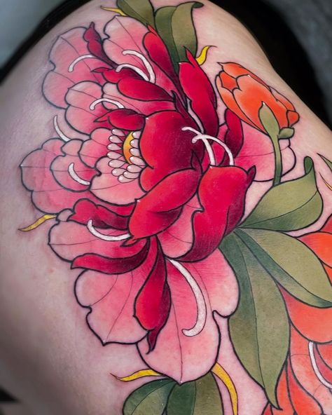 Neo Traditional Peony Tattoo Design, Peony Tattoo Pink, Gothic Peony Tattoo, Neotrad Peony Tattoo, Colour Peony Tattoo, Ornamental Peony Tattoo, Peony Neotraditional Tattoo, Cute Tattoos Flower, Flower Colour Tattoo