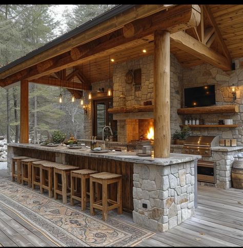 Kitchen Cozy, Rustic Outdoor Kitchens, Rustic Homes, Outdoor Kitchen Plans, Outdoor Bbq Kitchen, Backyard Kitchen, Outdoor Kitchen Patio, Outdoor Living Patio, Diy Outdoor Kitchen