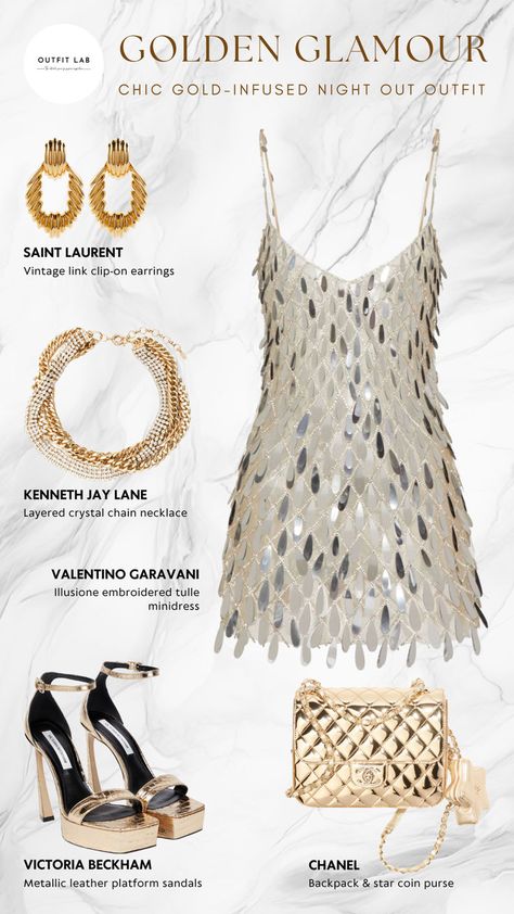 Looking for a stunning gold-themed outfit for your night out? Begin with Valentino Garavani's minidress and step into Victoria Beckham's sandals. Carry Chanel's chic purse, a stylish yet practical accessory for your essentials. Adorn your ears with Saint Laurent's earrings and complete your look with Kenneth Jay Lane's necklace, adding a final layer of shimmering elegance. This outfit is perfect for making a bold and glamorous statement on any night out. Glamour Outfit, Glamorous Outfits, 2000s Outfits, Night Out Outfit, Themed Outfits, Fancy Outfits, Teenage Fashion Outfits, Kpop Outfits, Polyvore Outfits