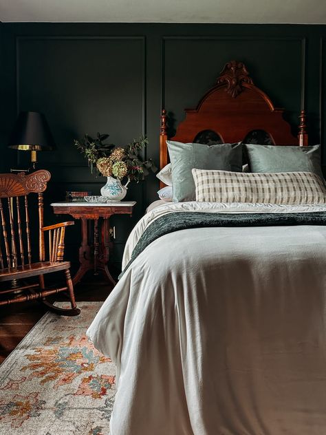 Old English Bedroom Makeover with Antique Furniture and Heirloom Pieces English Bedroom Classic, Old English Bedroom, English Bedroom, Childhood Bedroom, Moody Green, Hallway Flooring, Moody Bedroom, Heirloom Furniture, Velvet Drapes