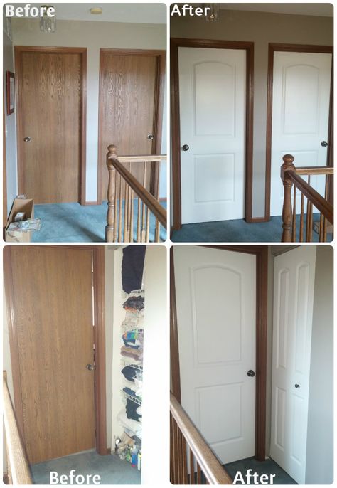 Dark Wood Trim White Doors, White Doors With Stained Trim, White Door Brown Trim, White Doors Dark Trim, Dark Trim With White Doors, White Doors Brown Trim, Dark Trim Light Doors, White Door Dark Trim, White Door With Oak Trim