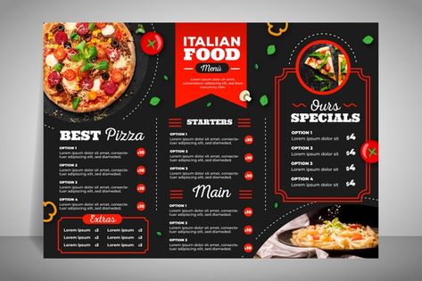 Modern restaurant menu for pizza | + Free Vectors Menu Trifold, Italian Food Menu, Pizza Menu Design, Restaurant Menu Card, Menu Burger, Food Steak, Menu Pizza, Food Typography, Catalog Template