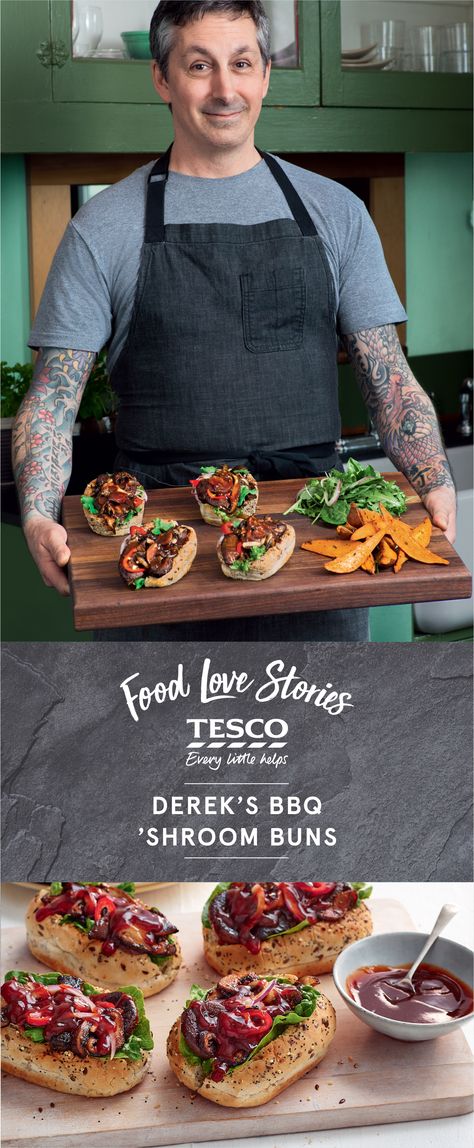 Meat-free BBQ mushroom buns by plant-focused chef Derek Sarno from our Food Love Stories are the ideal veggie-friendly main. Derek Sarno Recipes, Bbq Mushrooms, Tesco Real Food, Buns Recipe, British Baking, Bun Recipe, Meat Free, Mushroom Recipes, Love Stories