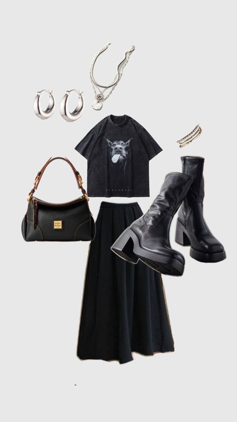 Chic all-black fall outfit with a black skirt, black boots, graphic tee, and staple jewelry. Ideal for a night out or a stylish day on the town Grungy Fall Outfits, Grungy Outfit, Retro Fashion Outfits, School Fits, Cozy Sweaters, Black Outfit, Stylish Accessories, Capsule Wardrobe, Retro Fashion