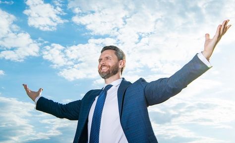 Happy man spreading arms wide open profe... | Premium Photo #Freepik #photo #successful-businessman #happy-boss #professional-man #business-man-suit Happy Stock Photo, Happy Stock Image, Arms Wide Open Pose, Buisness Attire, Hardworking Man, Arms Wide Open, Chicago Condo, It Guy, Happy Boss