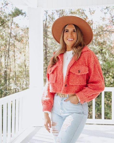 FIG BOUTIQUE on Instagram: "This precious coral colored fuzzy button up crop jacket is perfect for a bonfire night!!! Shop online and instore today and don’t forget about our online sale!!!!! Outerwear 15% off with code SPOOKY15 #outerwear #outfitinspo #outfits #outdoors #outfitinspiration #outfit #insta #instadaily #instafashion" Cropped Jacket Outfit, Crop Outerwear, Bonfire Night, Outerwear Outfit, Cropped Jacket, Online Sale, Coral Color, Crop Jacket, Online Sales