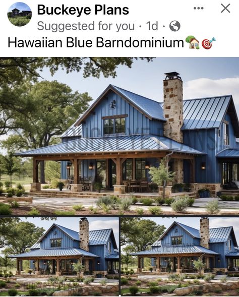 Coastal Barndominium, Blue Barndominium Exterior, Barndominium Ideas Exterior Colors, Small Barndominium Ideas Exterior, Blue Barndominium, Barndominium Exterior Colors, Barndominium Colors, Buckeye Plans, Blue Roof House