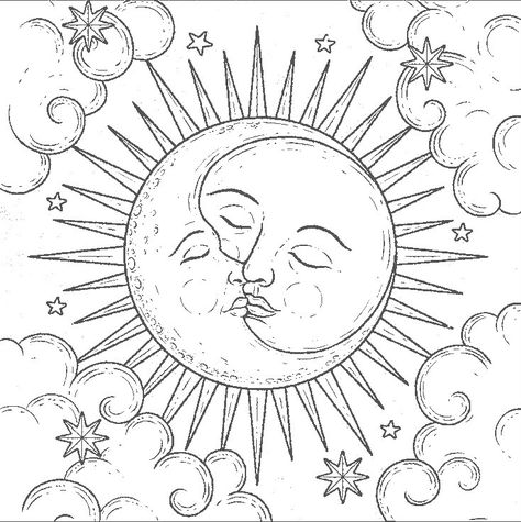 Sun And Moon Kissing Drawing, Sun Moon Stars Clouds Tattoo, Moon Kissing Sun, Sun Moon Sketch, Sun And Moon Kissing Tattoo, Moon Coloring Pages Free Printable, Moon And Sun Drawing, Sun And Moon Coloring Pages, Sun And Moon Kissing