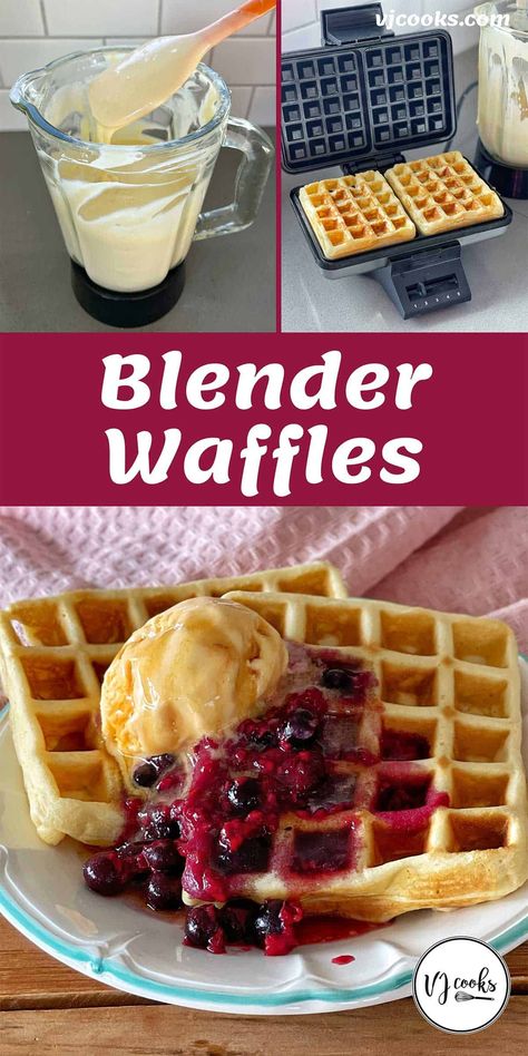 A quick and easy recipe for blender waffles, a yummy weekend breakfast or brunch. Ready in less than 15 minutes and served with your favourite toppings including berry coulis, banana, ice cream, fresh fruit or bacon. #blenderwaffles #weekendbreakfast #brunch #easywaffles Blender Waffle Recipe, Blender Breakfast, Blender Waffles, Easy Waffles, Coulis Recipe, Vj Cooks, Raspberry No Bake Cheesecake, Berry Coulis, Sticky Date Pudding