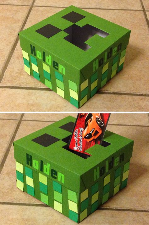 Minecraft creeper Valentine's Box for boys. Valentine's Day craft. Minecraft Valentine, Minecraft Valentines, Diy Valentines Box, Valentine Boxes For School, Kids Valentine Boxes, Valentine Card Box, Valentine Mailbox, Valentinstag Party, Valentine Day Boxes