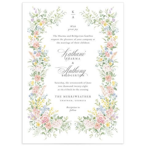 The Bridgerton x The Knot collection speaks to couples planning a wedding inspired by the Regency era down to every last elegant flourish. Find a design that reflects your epic romance only on The Knot.  Notify your guests of the glamorous celebration that's in store for them with these regal wedding invitations. Inspired by the artwork of the Regency era and evocative of lush Bridgerton gardens, they feature a vibrant painted frame of blooming flowers. Blossoms and leaves blend harmoniously together, simultaneously drawing the eye and bringing the focus to your wedding details. You and your partner's first names sweep across the card in a fluid cursive script, while your day-of information unfolds below in a refined serif font. For a subtle finishing touch, the back features your initials Bridgerton Invitation Ideas, Bridgerton Wedding Invitation, Bridgerton Name, Bridgerton Invitation, Regency Garden, Bridgerton Inspired Wedding, Planning 2024, Whimsy Wedding, Bridgerton Wedding