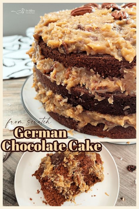 This homemade German chocolate cake is the best traditional cake made from scratch! Layers of coconut pecan frosting and chocolate! German Choc Cake, Homemade German Chocolate Cake, German Chocolate Cake Recipe, Pecan Frosting, Coconut Pecan Frosting, Choc Cake, Heart Recipes, Sweet Bakes, Vegetarian Desserts