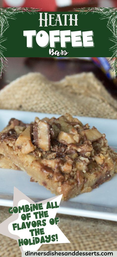 Heath Toffee Bars – these English Toffee Bars have an almost brown sugar shortbread crust topped with crushed toffee and pecans for a delicious holiday treat! Heath Candy Desserts, Heath Bar Chips Recipes, Heath Bits O Brickle Recipes, Heath English Toffee Bits Recipes, Heath Candy Recipes, Heath Pieces Recipes Toffee Bits, Heath Bits Recipes, Heath Toffee Bits Recipes, Brickle Recipe