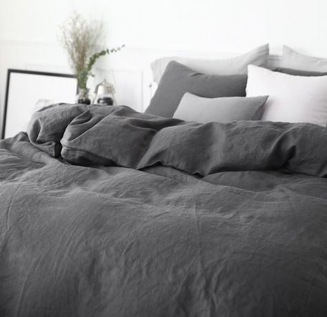 READY TO SHIP Washed Charcoal / Dark Gray Colored by MagnoliaAmor Magnolia Bedding, Dark Grey Duvet Covers, Queen Size Bed Sets, Black Bed Linen, Grey Comforter, Grey Duvet, Gray Duvet Cover, Grey Linen Bedding, Bed Linen Design