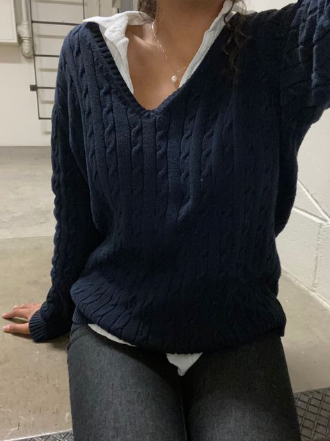 Sweater pearls V Knit Sweater Outfit, V Neck Collared Sweater, Navy Blue V Neck Sweater Outfit, Cable Knit V Neck Sweater, Sweater Over Button Down, Knitted Zip Up Sweater Outfit, V Neck Sweater With Collared Shirt, Form Fitting Sweaters, Dark Blue Knit Sweater Outfit