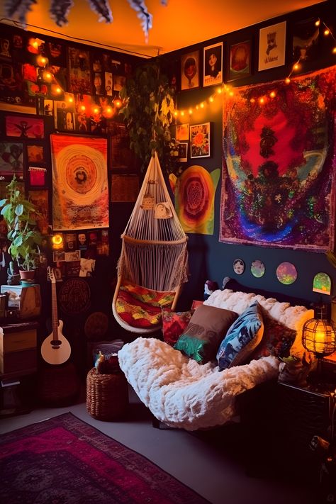 a hippie aesthetic chill spot. a fluffy couch and a hanging hammock. lots of arts and fairy lights on the wall. an inviting and cozy atmosphere. bright colors Vintage Couch Bedroom, Comfy Maximalist Bedroom, Trippy Maximalist Decor, Hangout Corner In Bedroom, Gypsycore Decor, Groovy Bedroom Decor, Cozy Hippie Living Room, Queer Home Decor, Colorful Maximalist Decor Bedroom