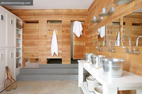 A Bucket In The Bathroom | VM designblog Global Cabin Style Bathroom, Small Cabin Bathroom, Lodge Bathroom Decor, Locker Room Bathroom, Cabin Bathroom Decor, Beth Webb, Pool House Bathroom, Skeet Shooting, Cabin Bathrooms